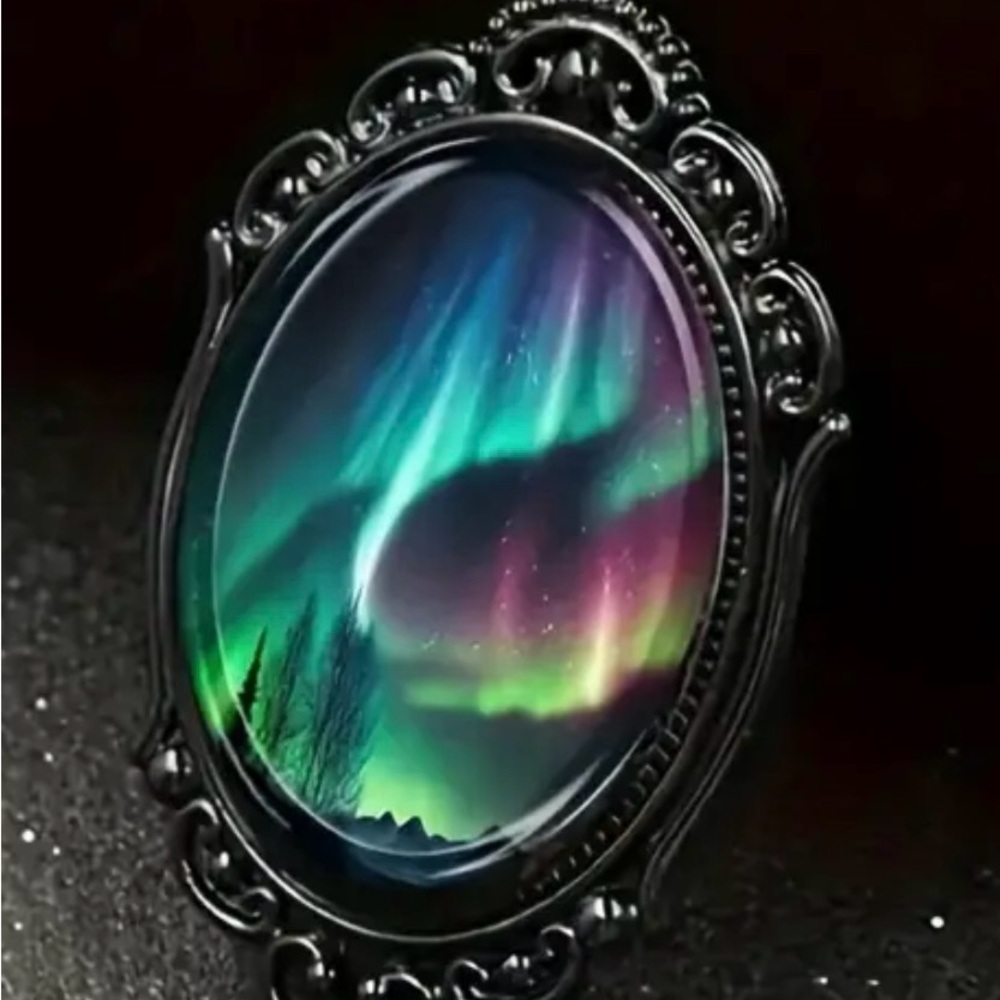 Vintage Aurora Borealis Landscape Glass Pendant Necklace,  Bohemian Geometric